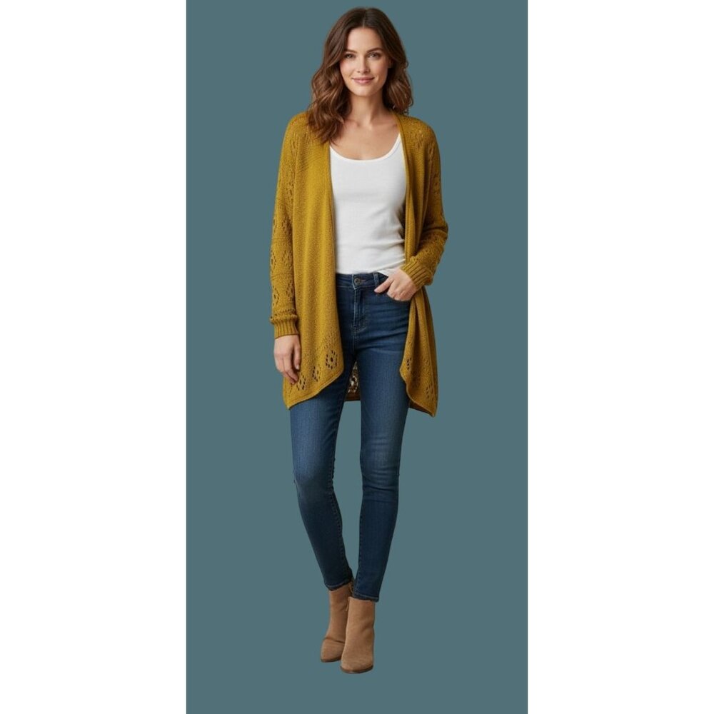 Wooden Ships Paola Buendia Mustard Yellow Open Knit Light Cardigan Sweater M/L